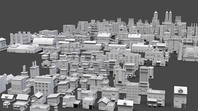 Low Poly City Buildings Pack Of 210 - Game Ready - Untextured  3D model 5