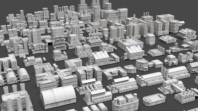 Low Poly City Buildings Pack Of 210 - Game Ready - Untextured  3D model 7
