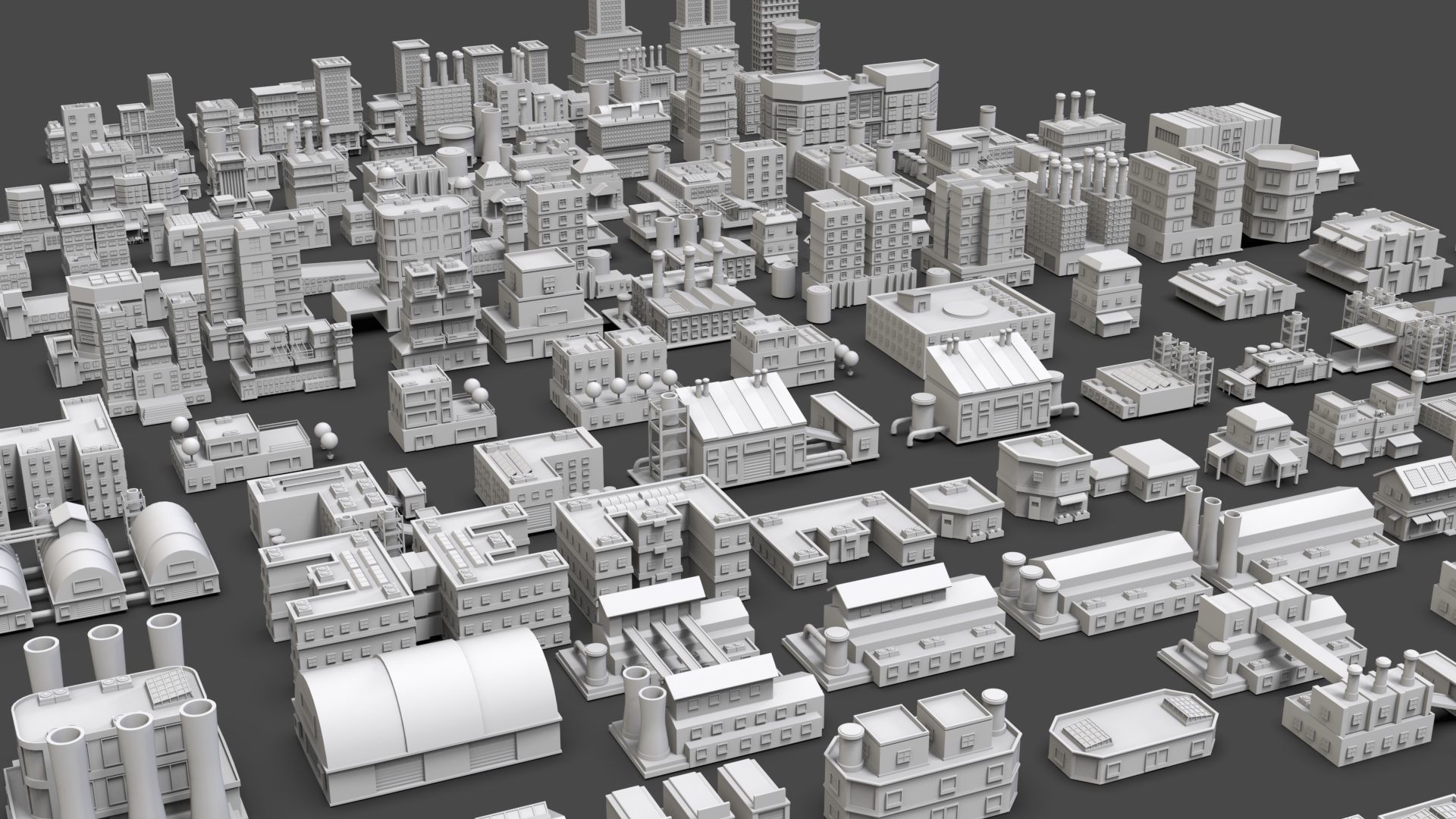 Low Poly City Buildings Pack Of 210 - Game Ready - Untextured  3D model_6