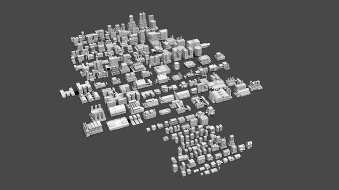 Low Poly City Buildings Pack Of 210 - Game Ready - Untextured  3D model 4
