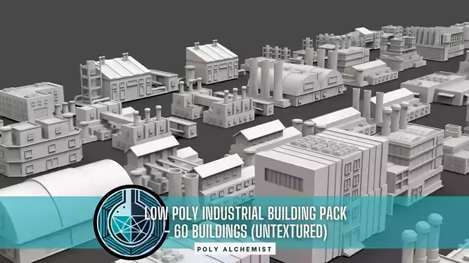 Low Poly Industrial Building Pack Of 60 -Game Ready -Untextured 3D model