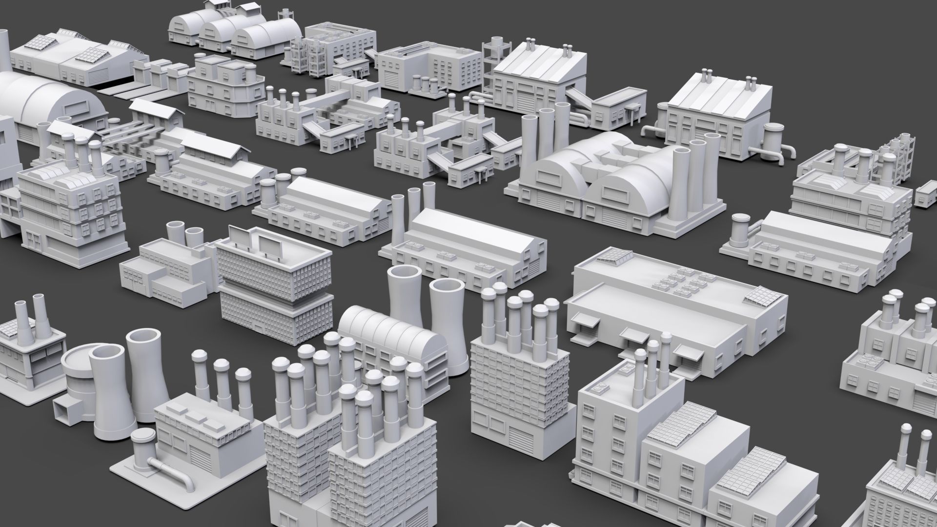 Low Poly Industrial Building Pack Of 60 -Game Ready -Untextured 3D model_1