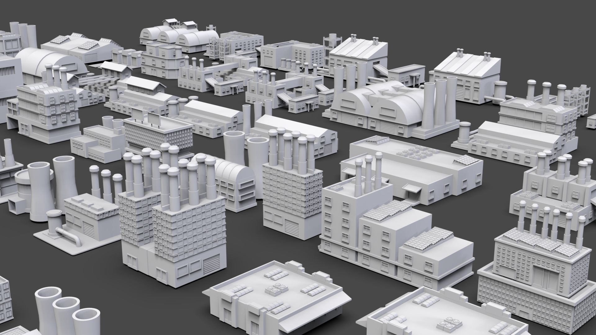Low Poly Industrial Building Pack Of 60 -Game Ready -Untextured 3D model_3