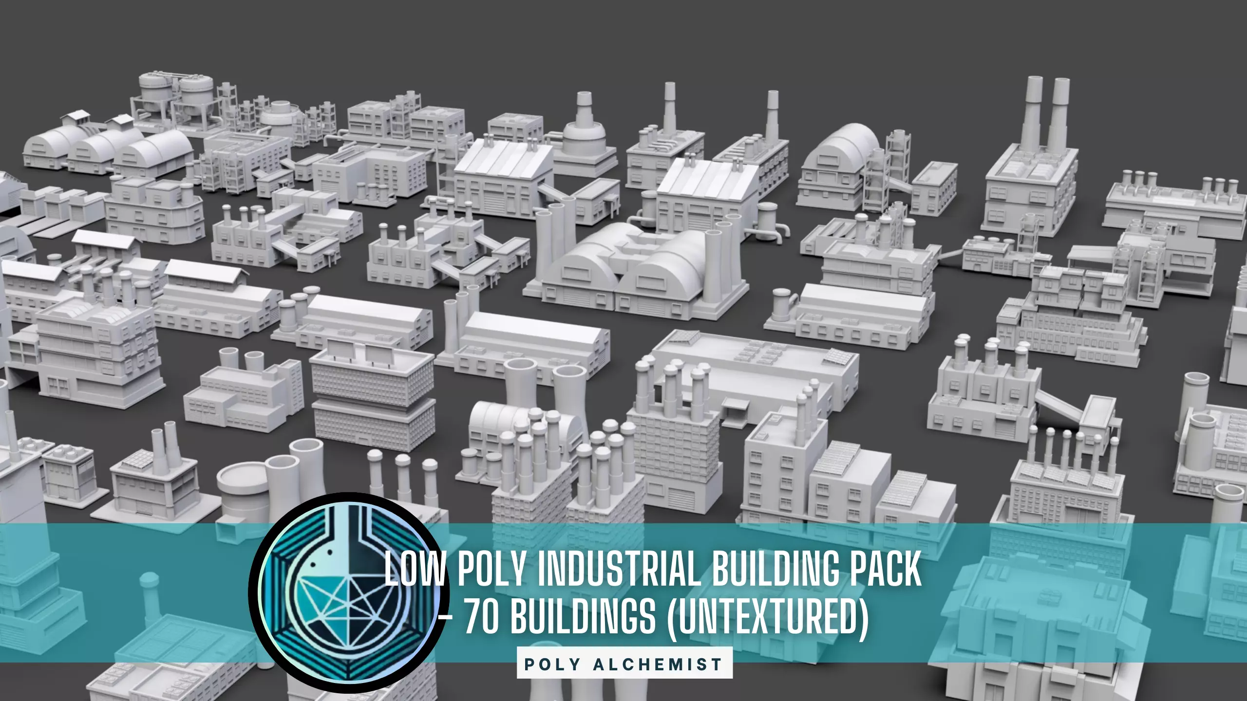 Low Poly Industrial Building Pack Of 70 -Game Ready -Untextured Low-poly 3D model_0