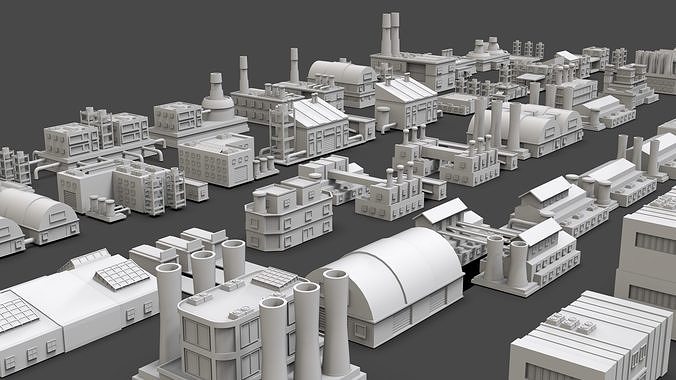 Low Poly Industrial Building Pack Of 70 -Game Ready -Untextured Low-poly 3D model 4