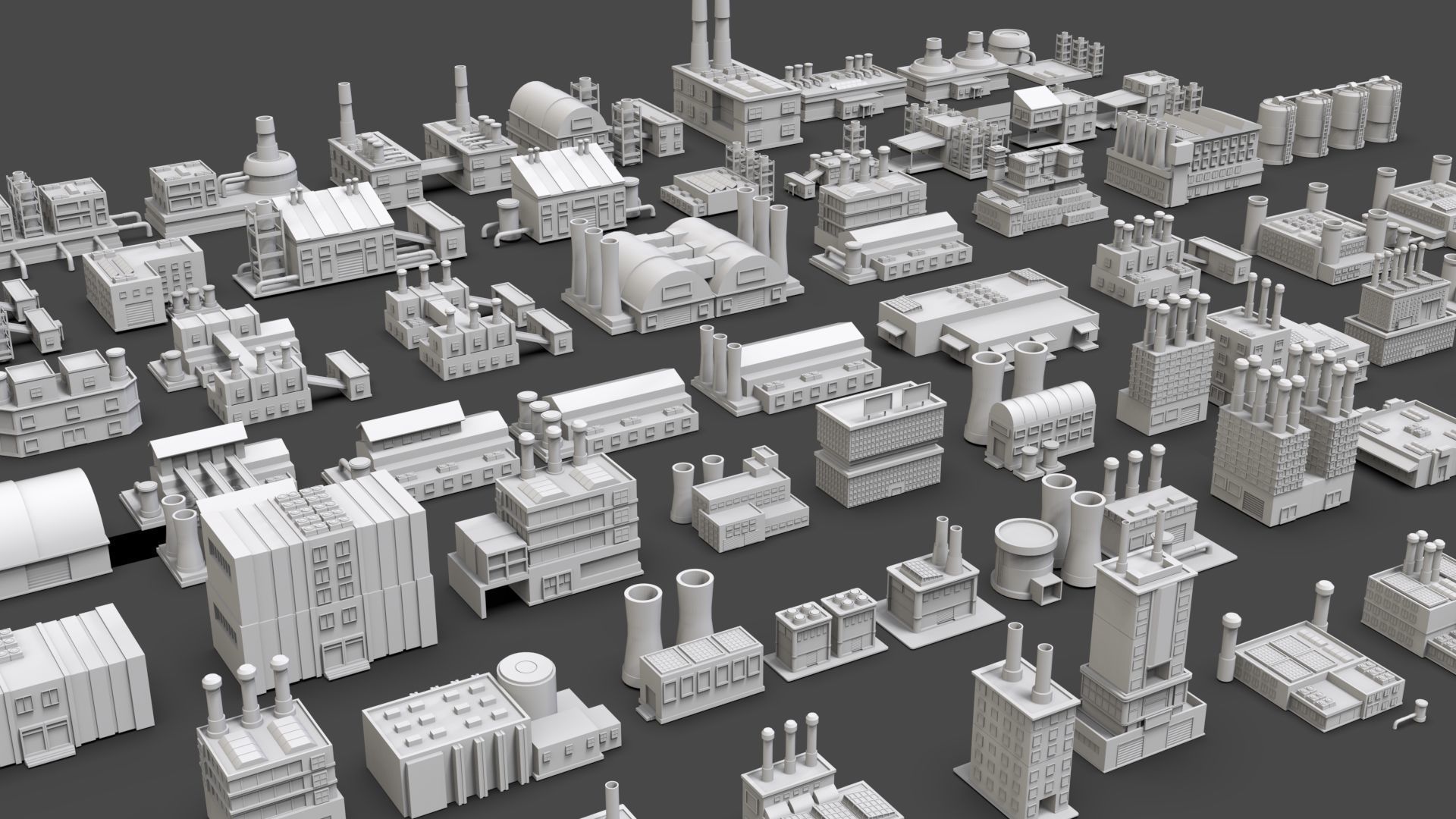 Low Poly Industrial Building Pack Of 70 -Game Ready -Untextured Low-poly 3D model_1