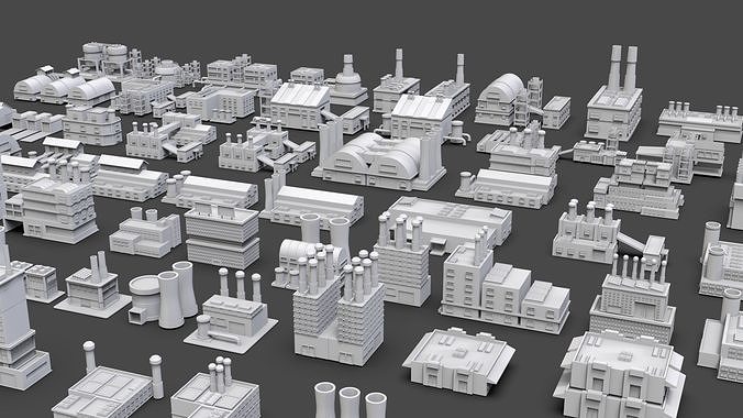 Low Poly Industrial Building Pack Of 70 -Game Ready -Untextured Low-poly 3D model 3