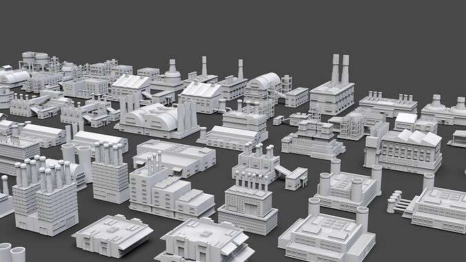 Low Poly Industrial Building Pack Of 70 -Game Ready -Untextured Low-poly 3D model 5