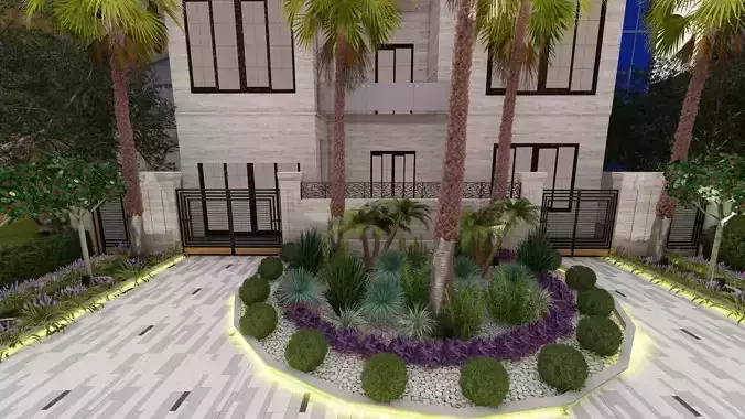 Villa Entrance Garden Design with Compound Wall and Gate
