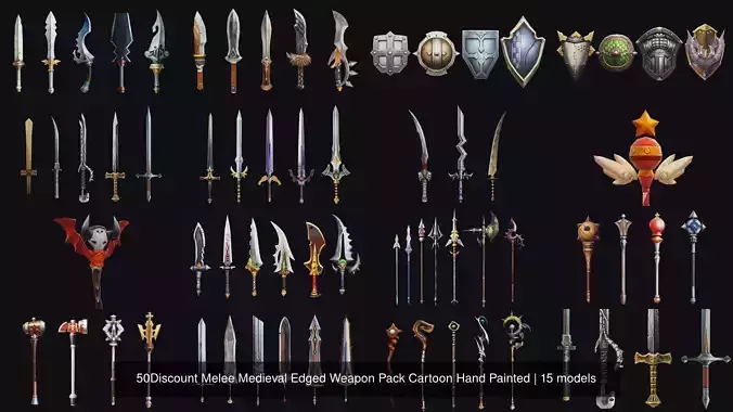 50Discount Melee Medieval Edged Weapon Pack Cartoon Hand Painted 3D Model Collection