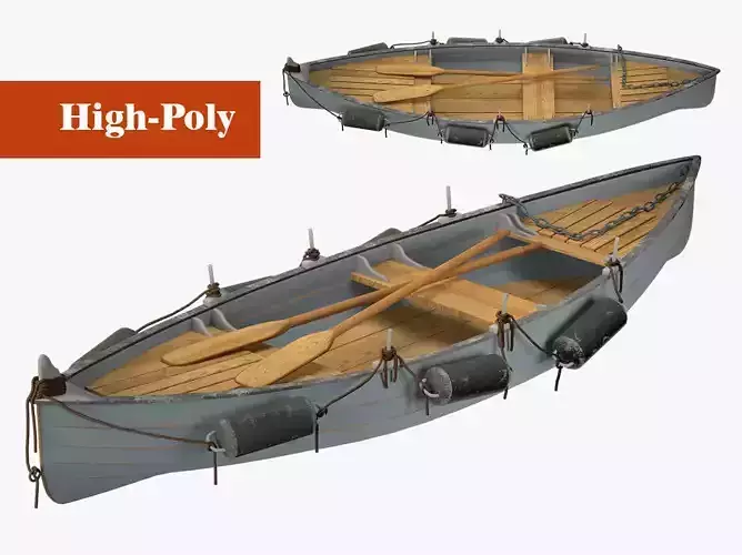 Boat with oars high-poly