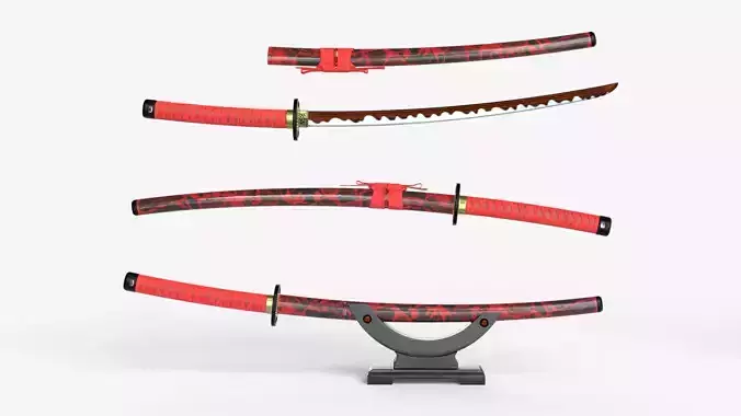 Red Katana a Saya a Sageo and Stand