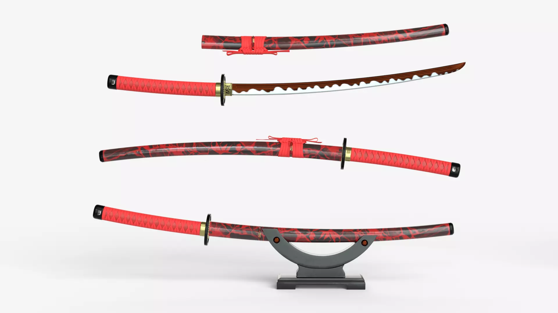 Red Katana a Saya a Sageo and Stand 3D model_0