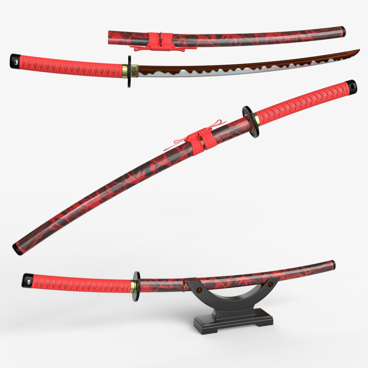 Red Katana a Saya a Sageo and Stand 3D model_11