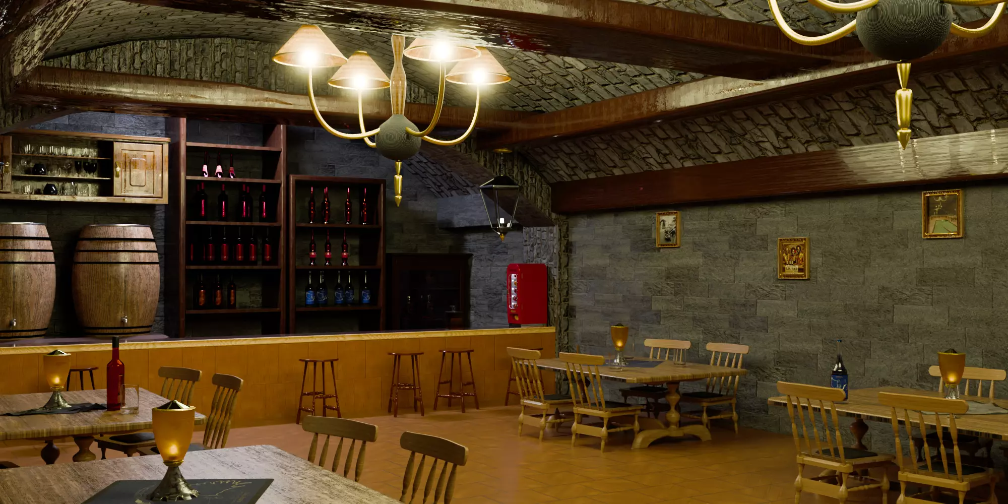 Bar interior - Bar with tables - sofa - wine - TEXTURIZED 3D model