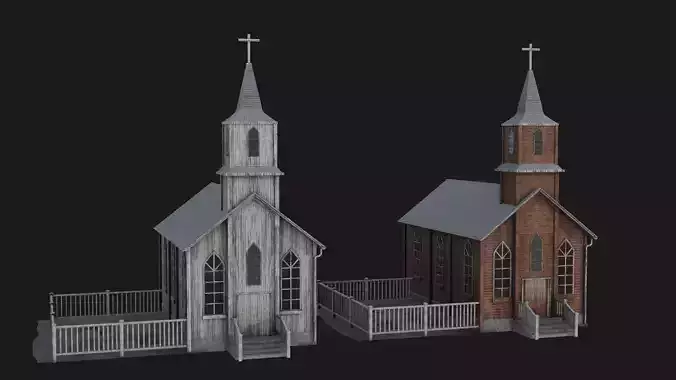 two old churches wooden and brick with pbr textures Low-poly 3D model