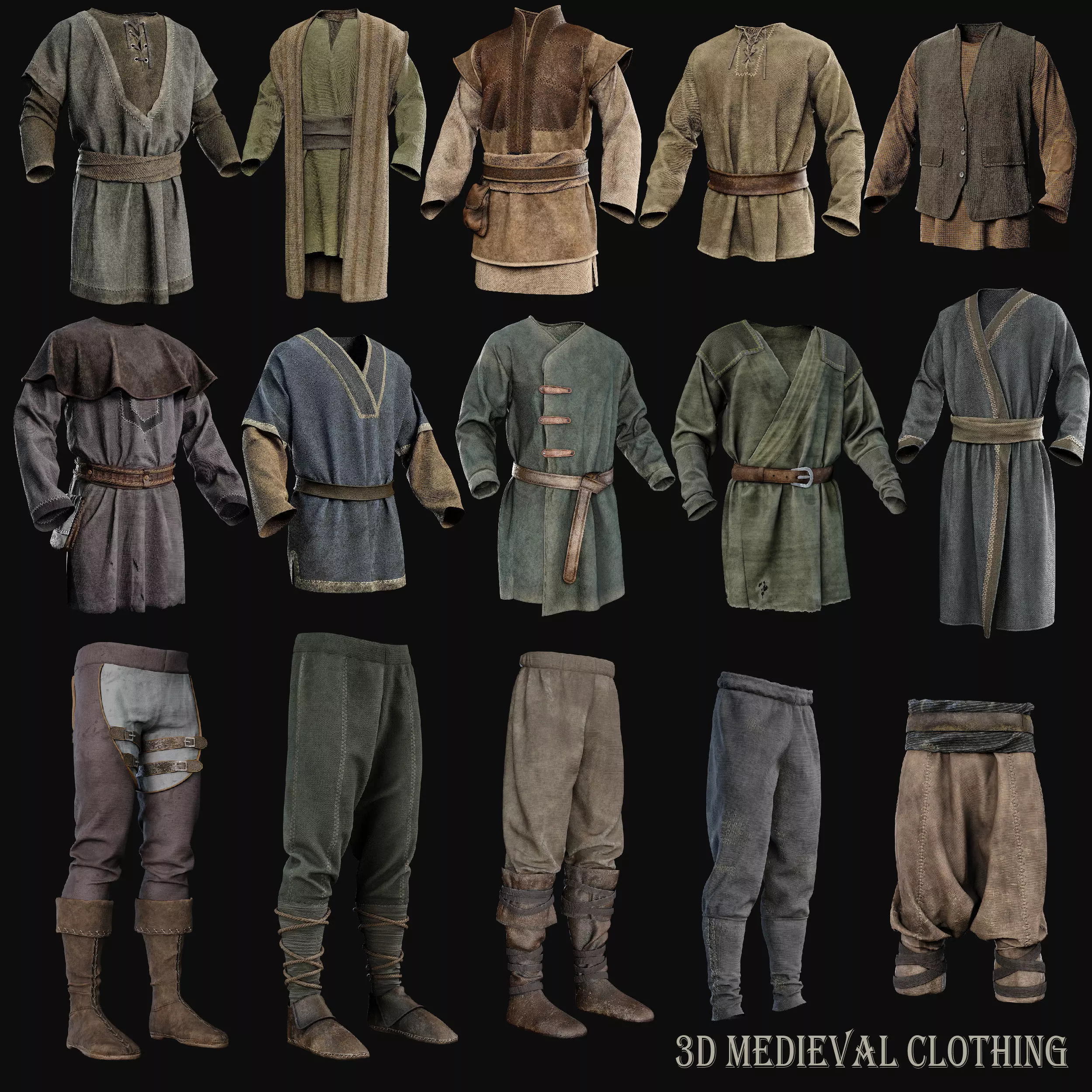 Medieval clothes collection tunic shirt pants shoes _0