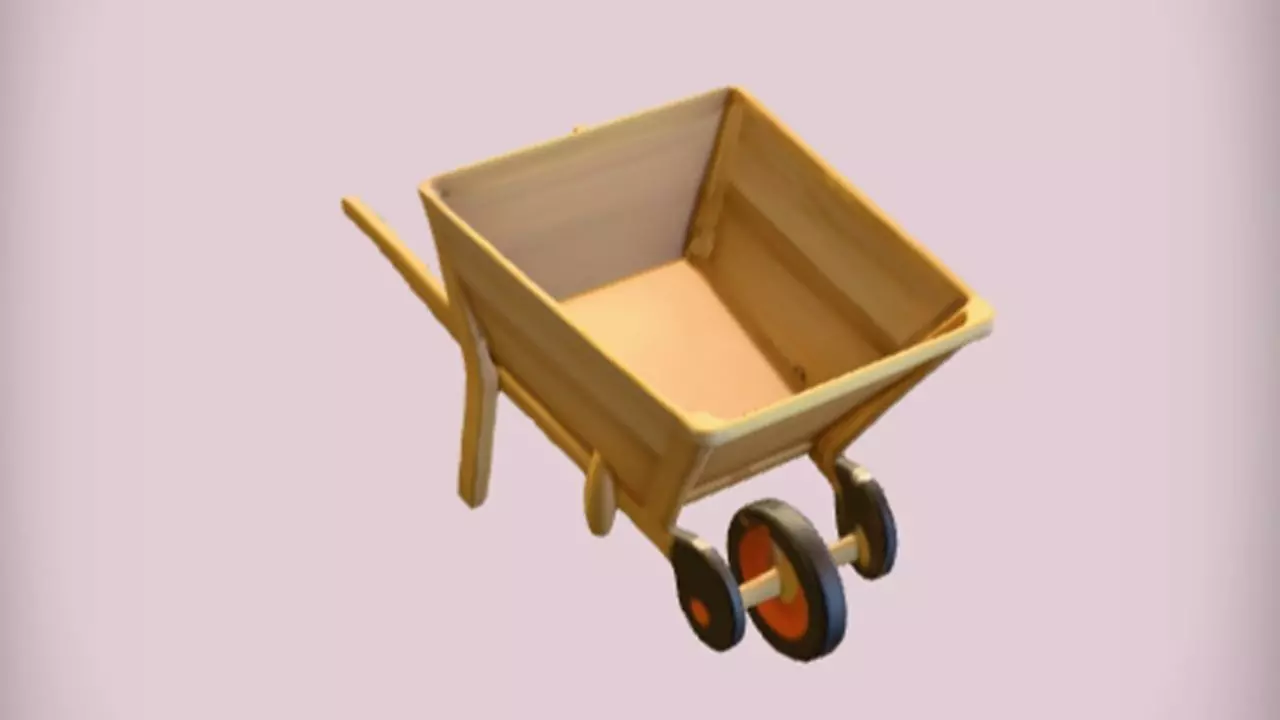 wooden wheelbarrow with orange wheels 3D model_0