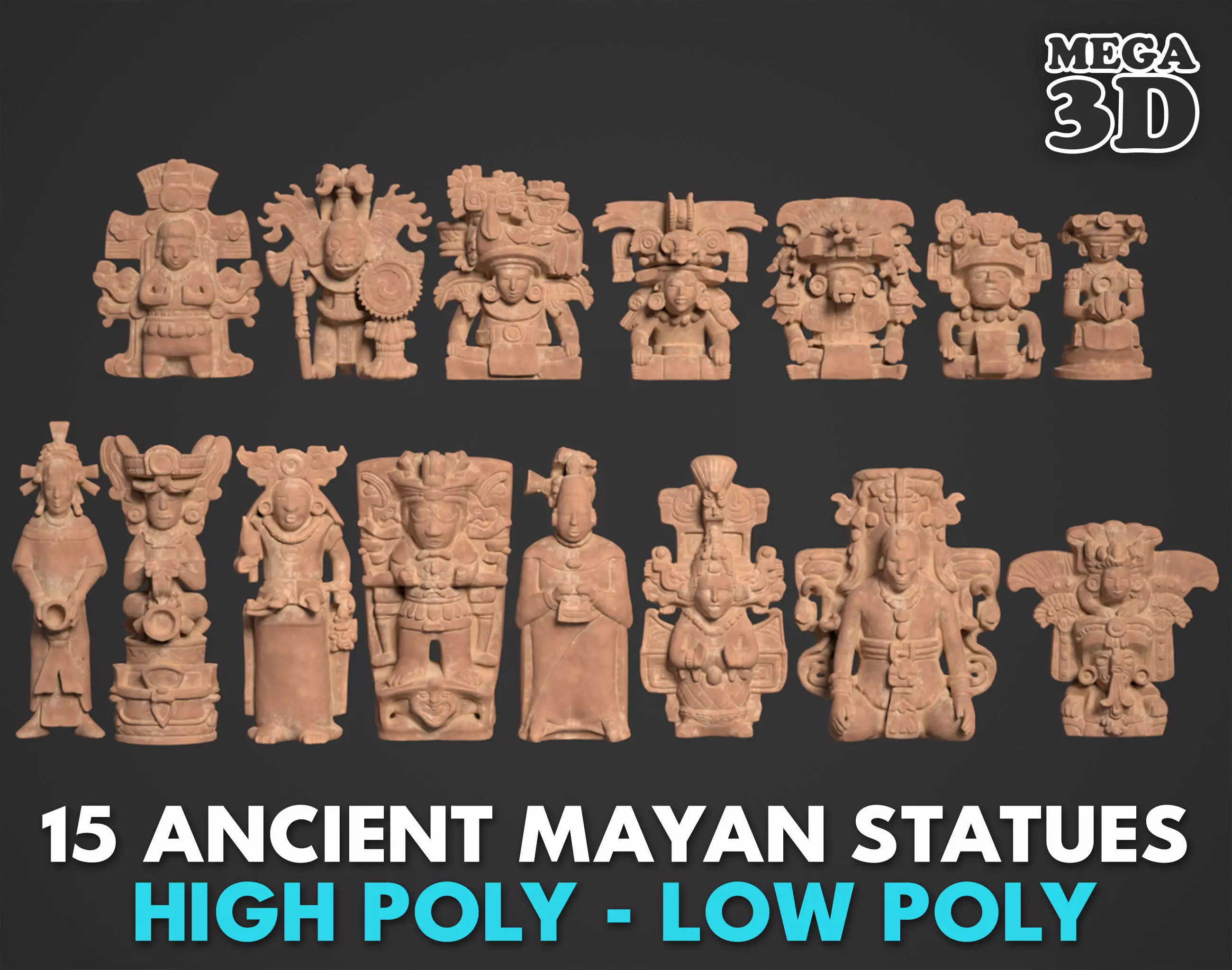 15 Ancient Mayan Statues - 250120 Low-poly 3D model