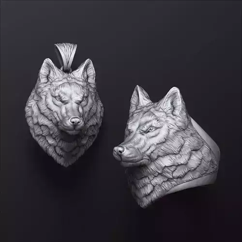 Wolf Head Ring Pendant Set