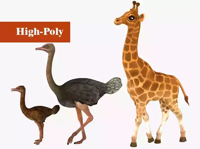 adult ostrich and ostrich chick giraffe rig high-poly textured 