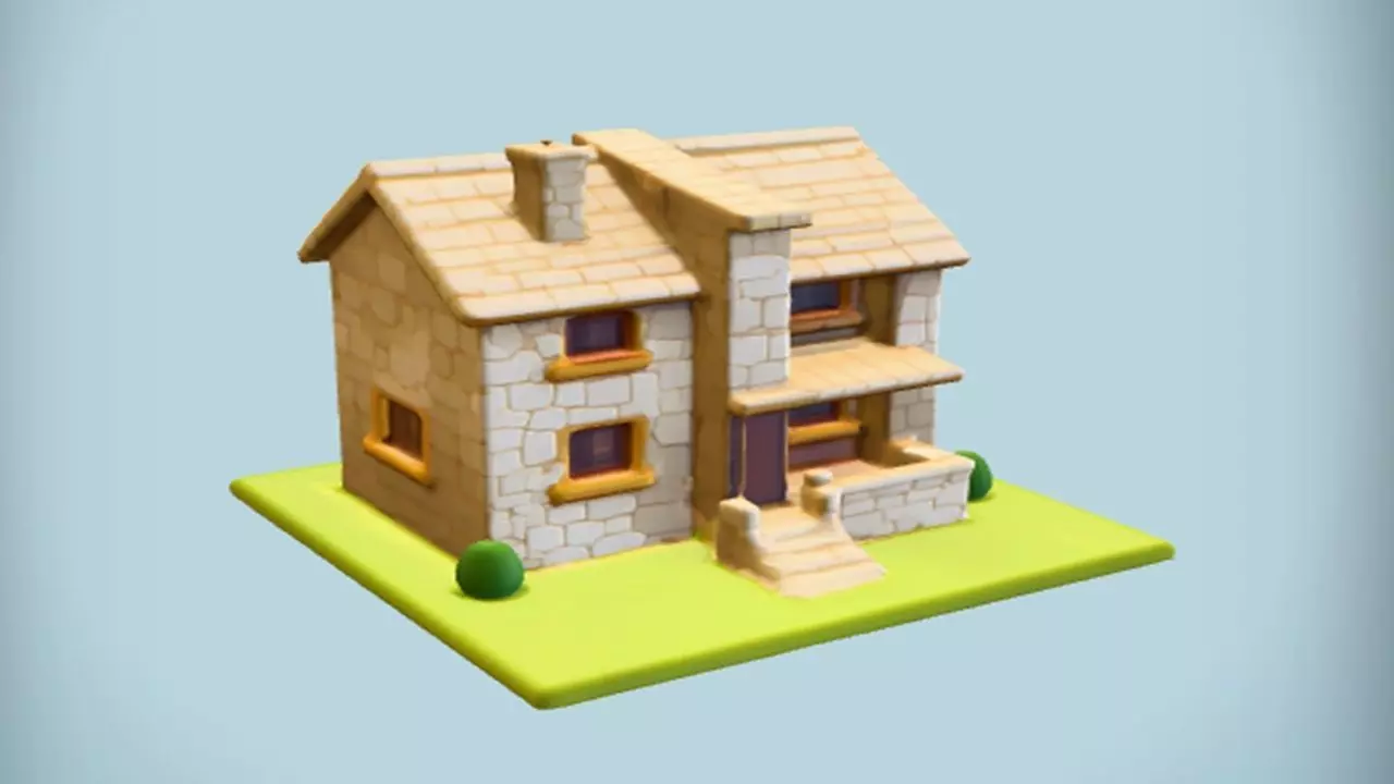 miniature stone house on grass base 3D model_0