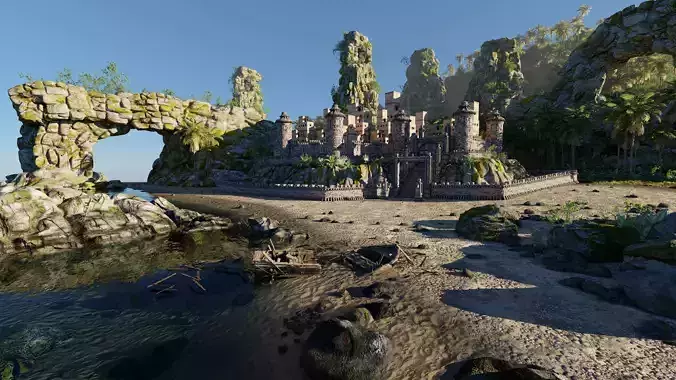 Island Castle Beach Scene 3D model