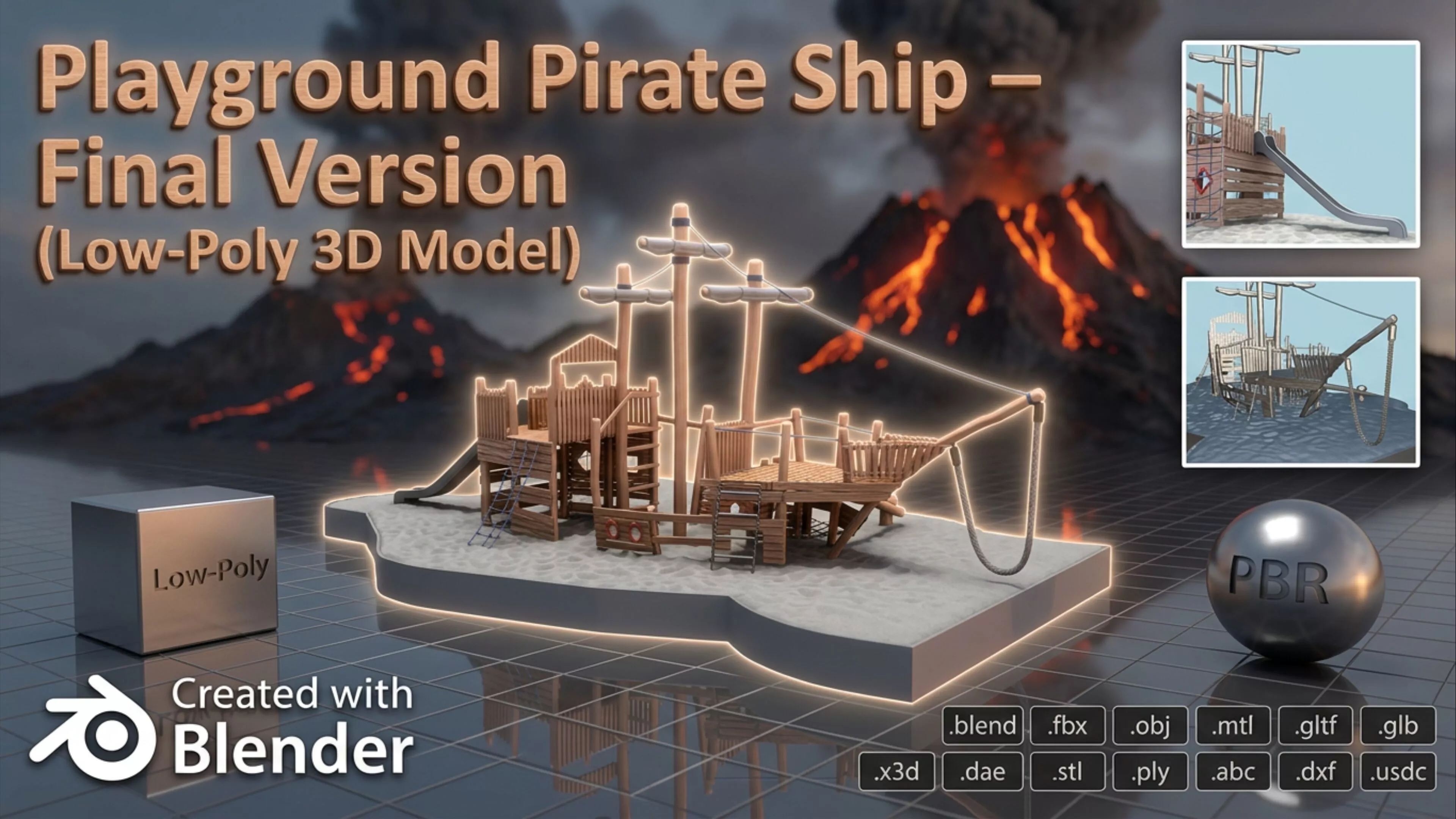 Playground pirate ship made of wood Low-poly 3D model