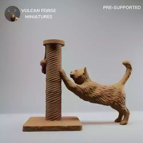 Cute cat stretching on Scratching post - pre supported 3D print model