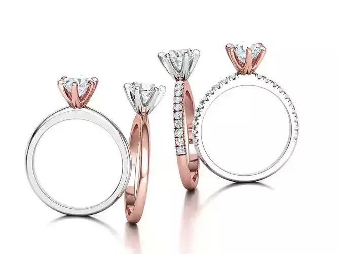 1ct Diamond Engagement Ring 6 claw Two Tone Rings 3D Model Collection