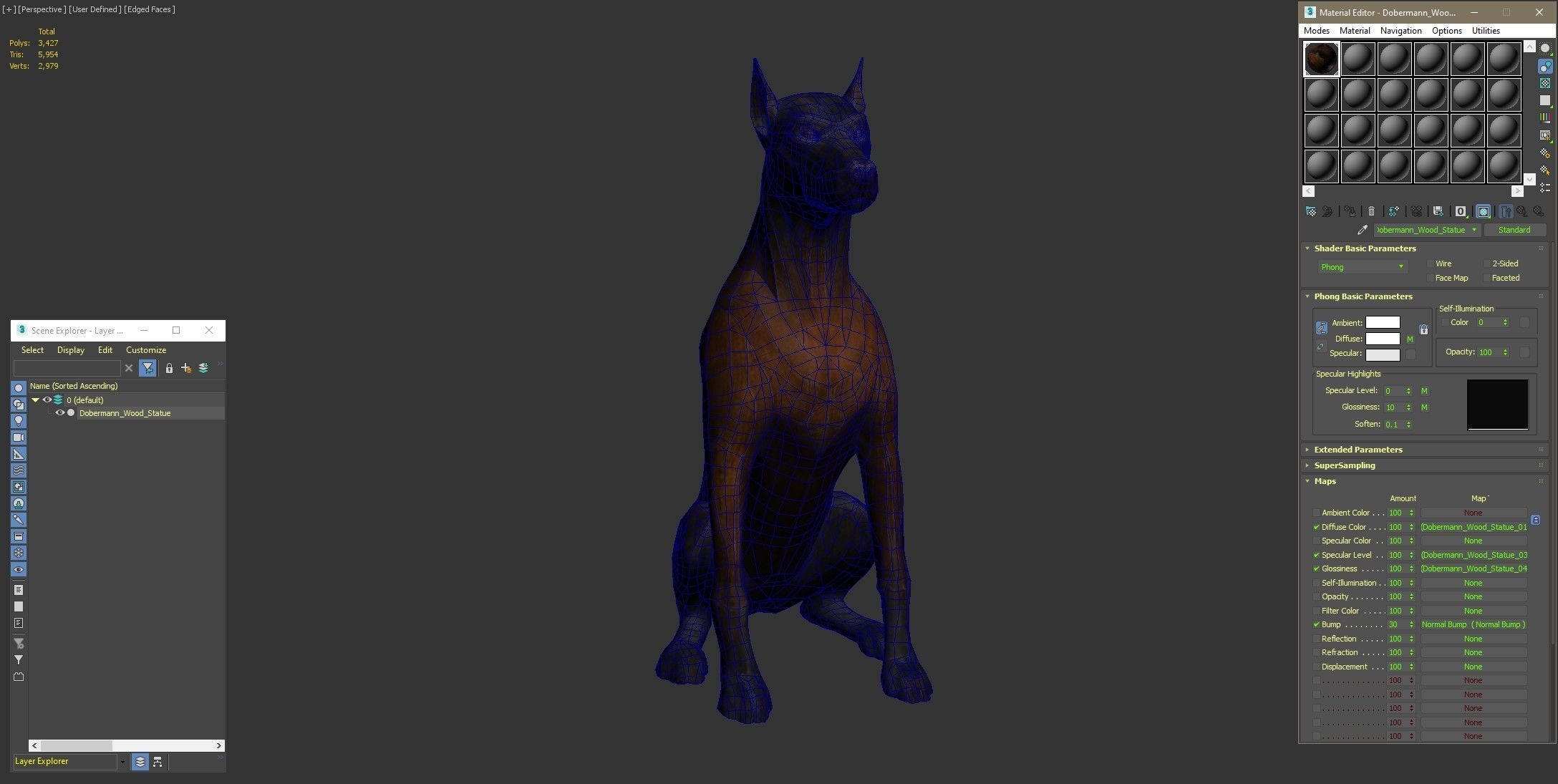 Dobermann Dog Wooden Statue Low-poly 3D model_19