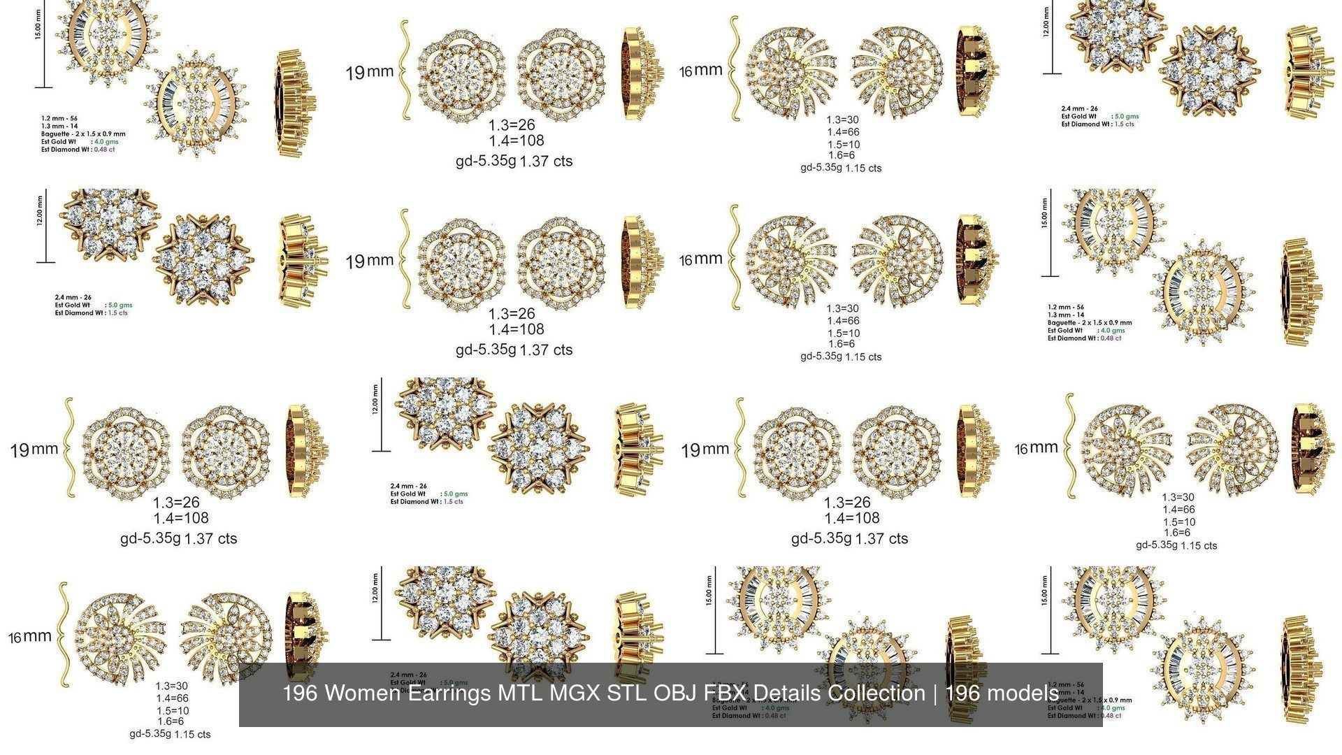 196 Women Earrings MTL MGX STL OBJ FBX Details Collection _24