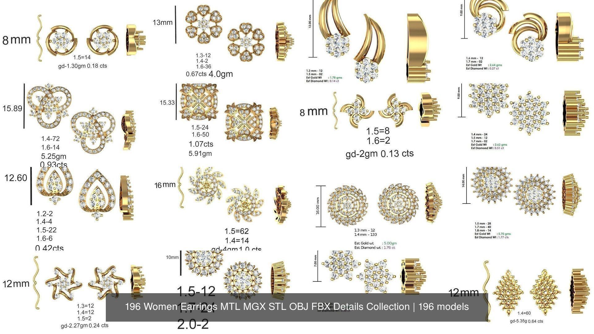 196 Women Earrings MTL MGX STL OBJ FBX Details Collection _12