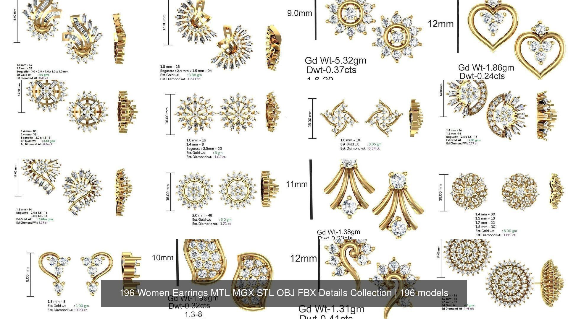 196 Women Earrings MTL MGX STL OBJ FBX Details Collection _8