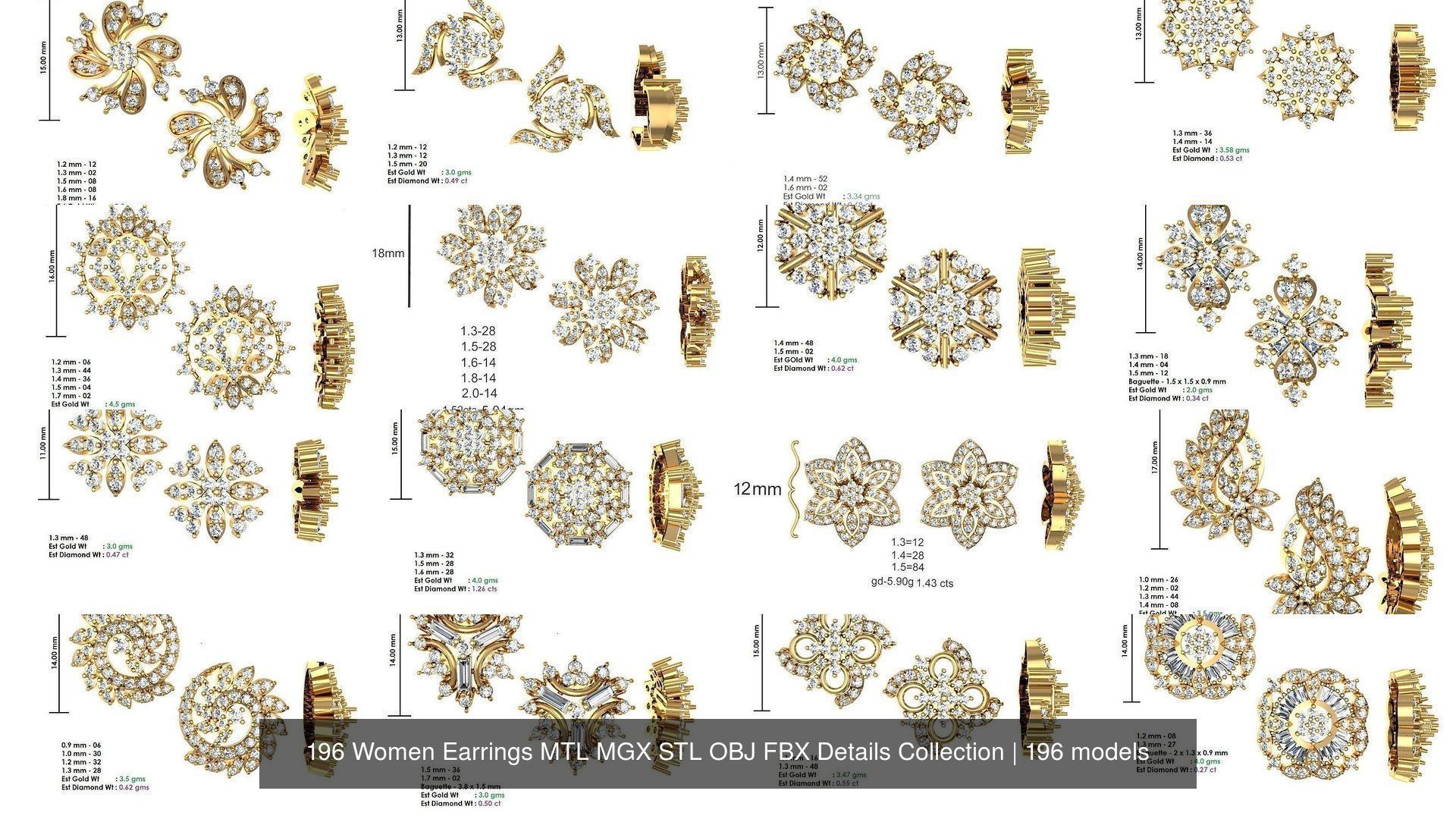 196 Women Earrings MTL MGX STL OBJ FBX Details Collection _22