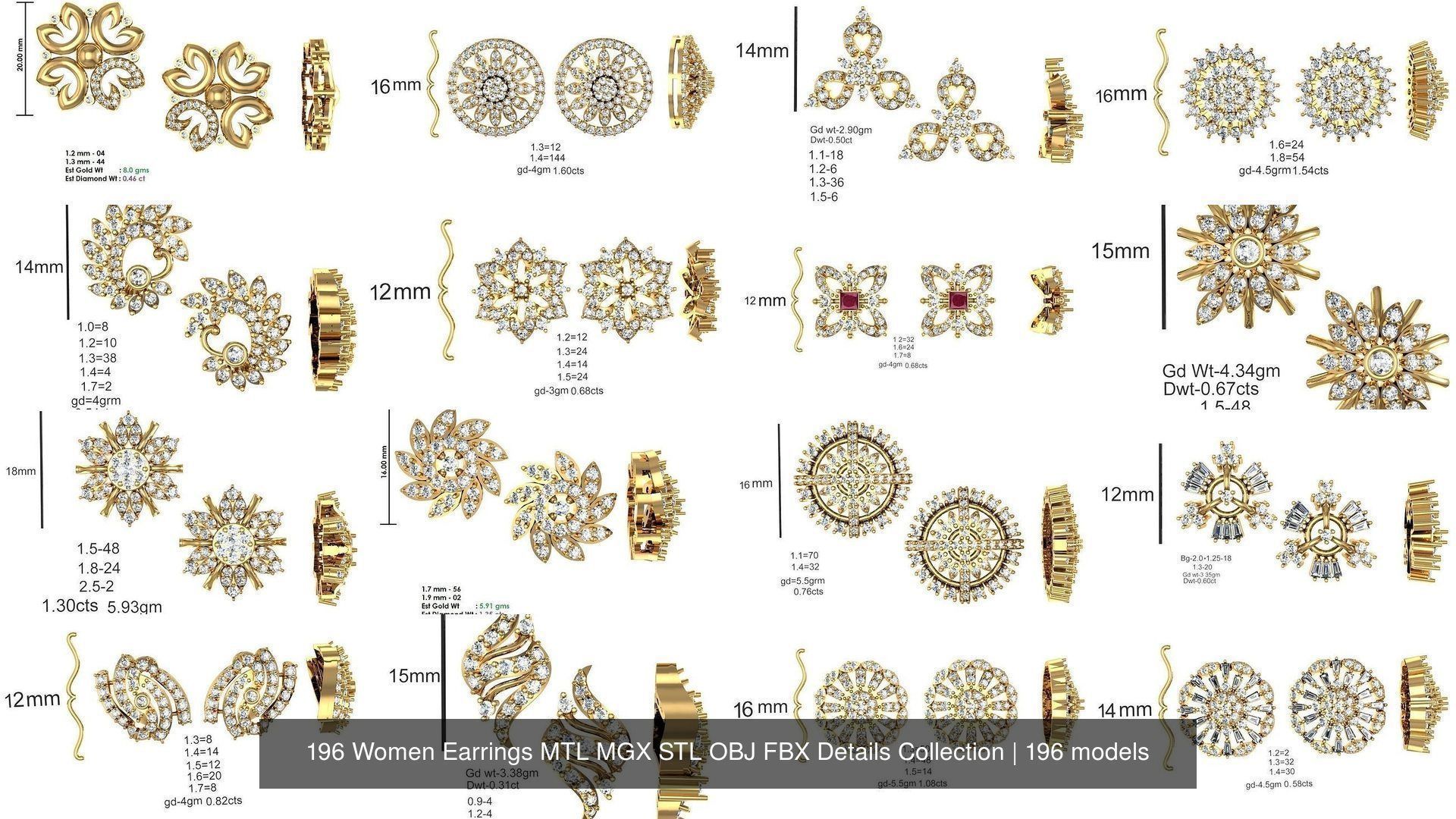 196 Women Earrings MTL MGX STL OBJ FBX Details Collection _16