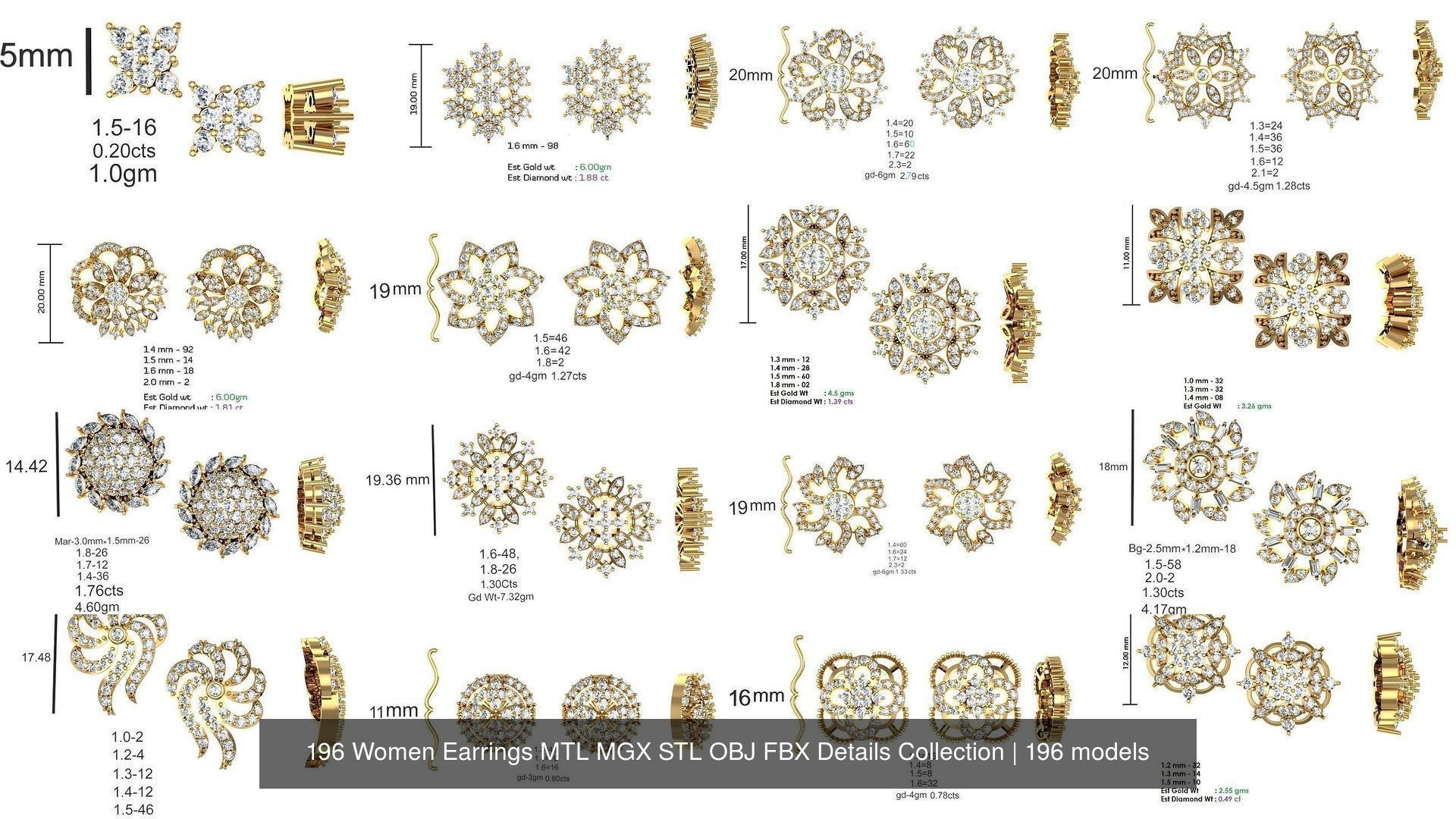 196 Women Earrings MTL MGX STL OBJ FBX Details Collection _14