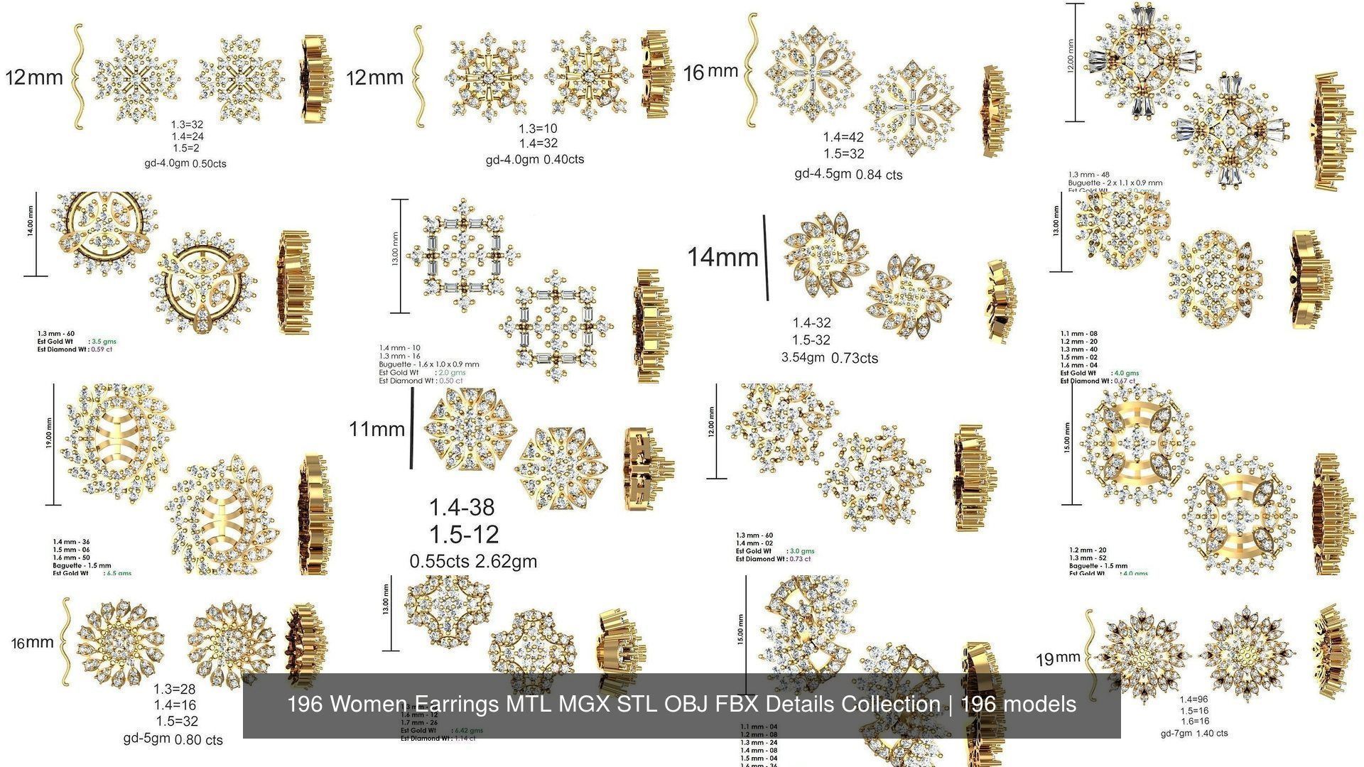 196 Women Earrings MTL MGX STL OBJ FBX Details Collection _20