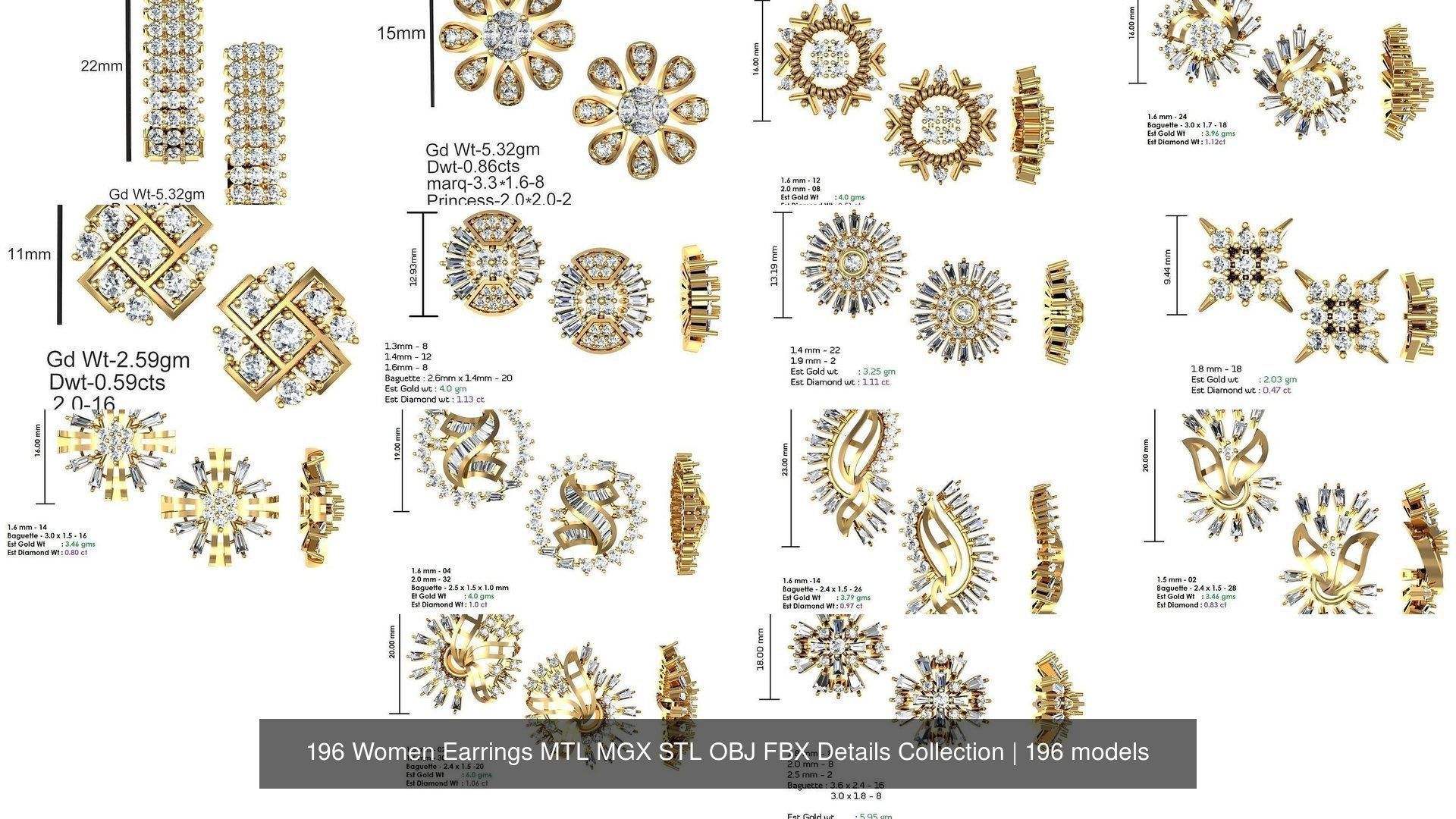 196 Women Earrings MTL MGX STL OBJ FBX Details Collection _6