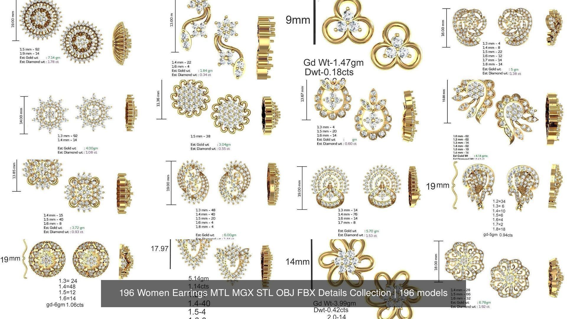 196 Women Earrings MTL MGX STL OBJ FBX Details Collection _10