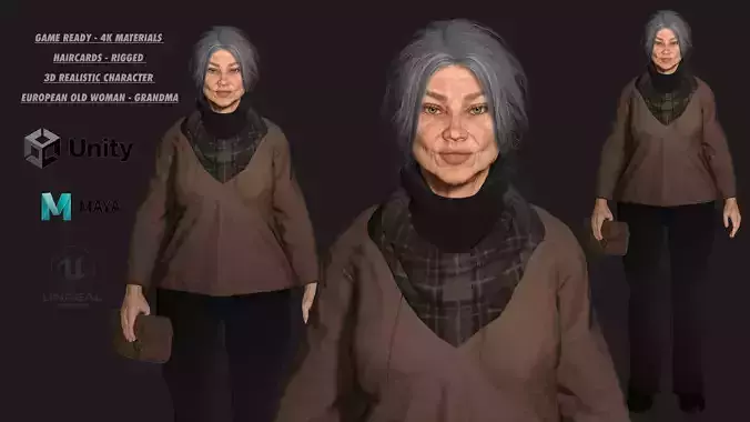 AAA 3D REALISTIC CHARACTER - EUROPEAN OLD WOMAN  OLD PEOPLE Low-poly 3D model