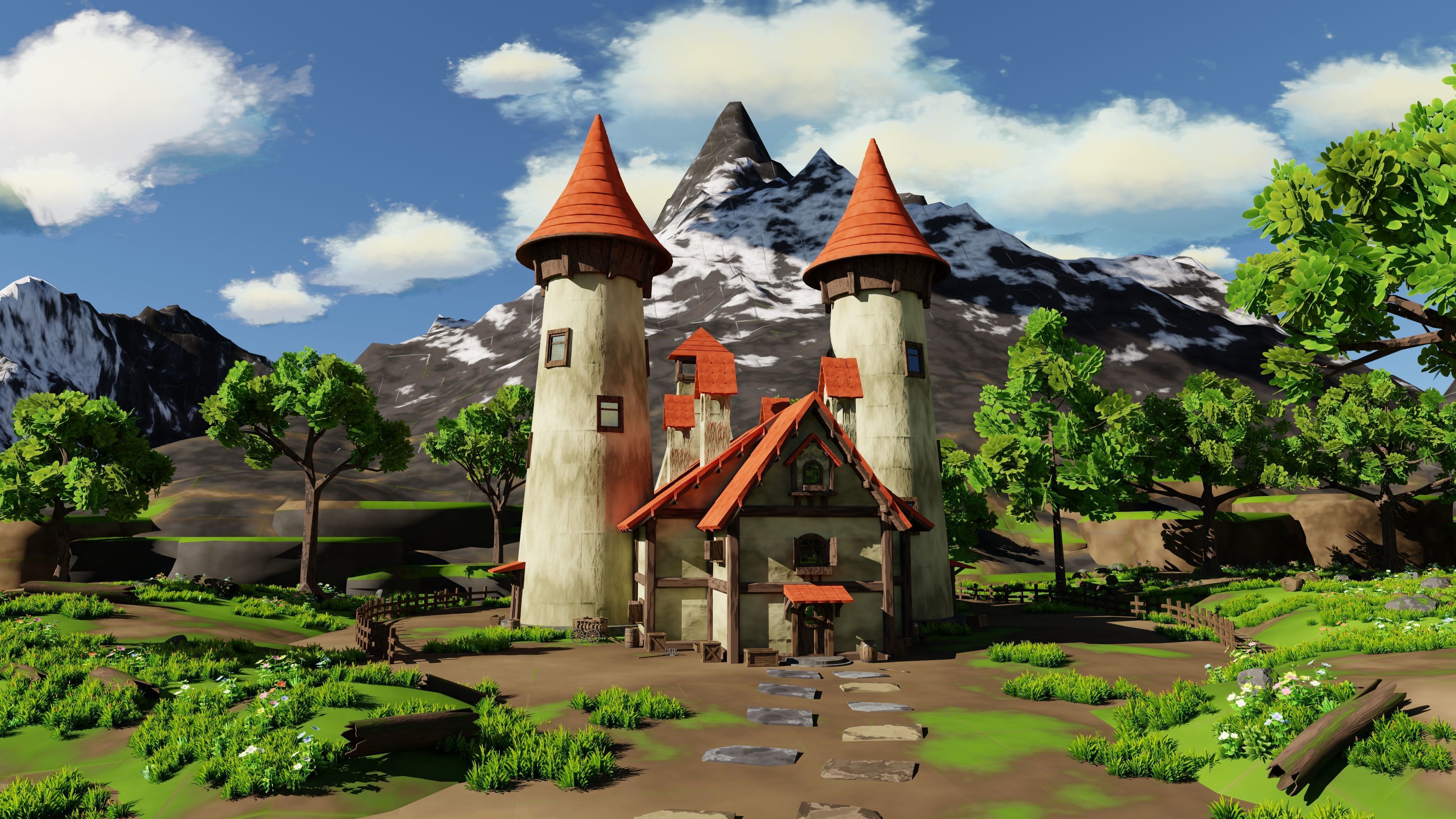 Fantasy Medieval Small Town Scene 3D model_7