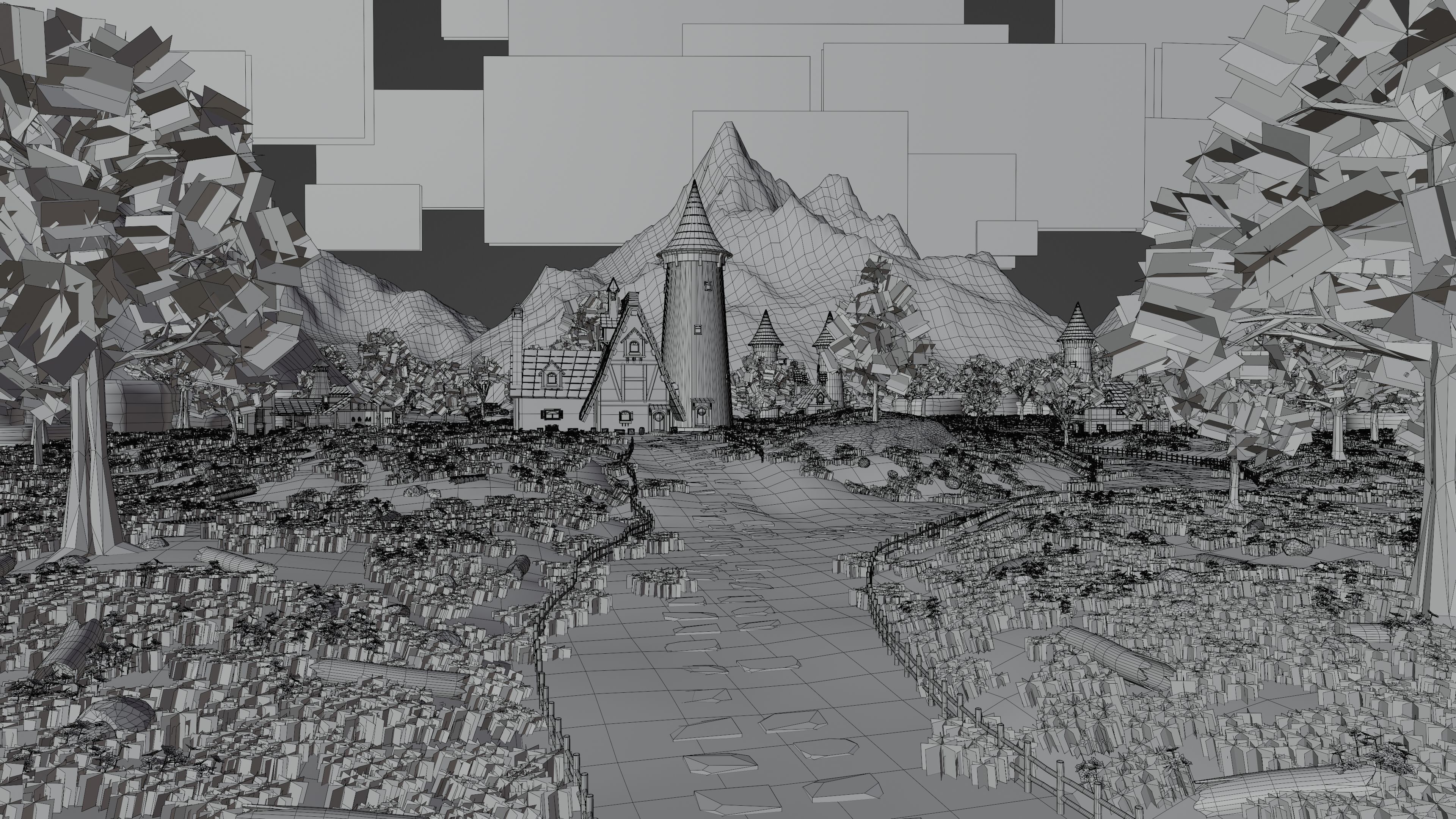 Fantasy Medieval Small Town Scene 3D model_9