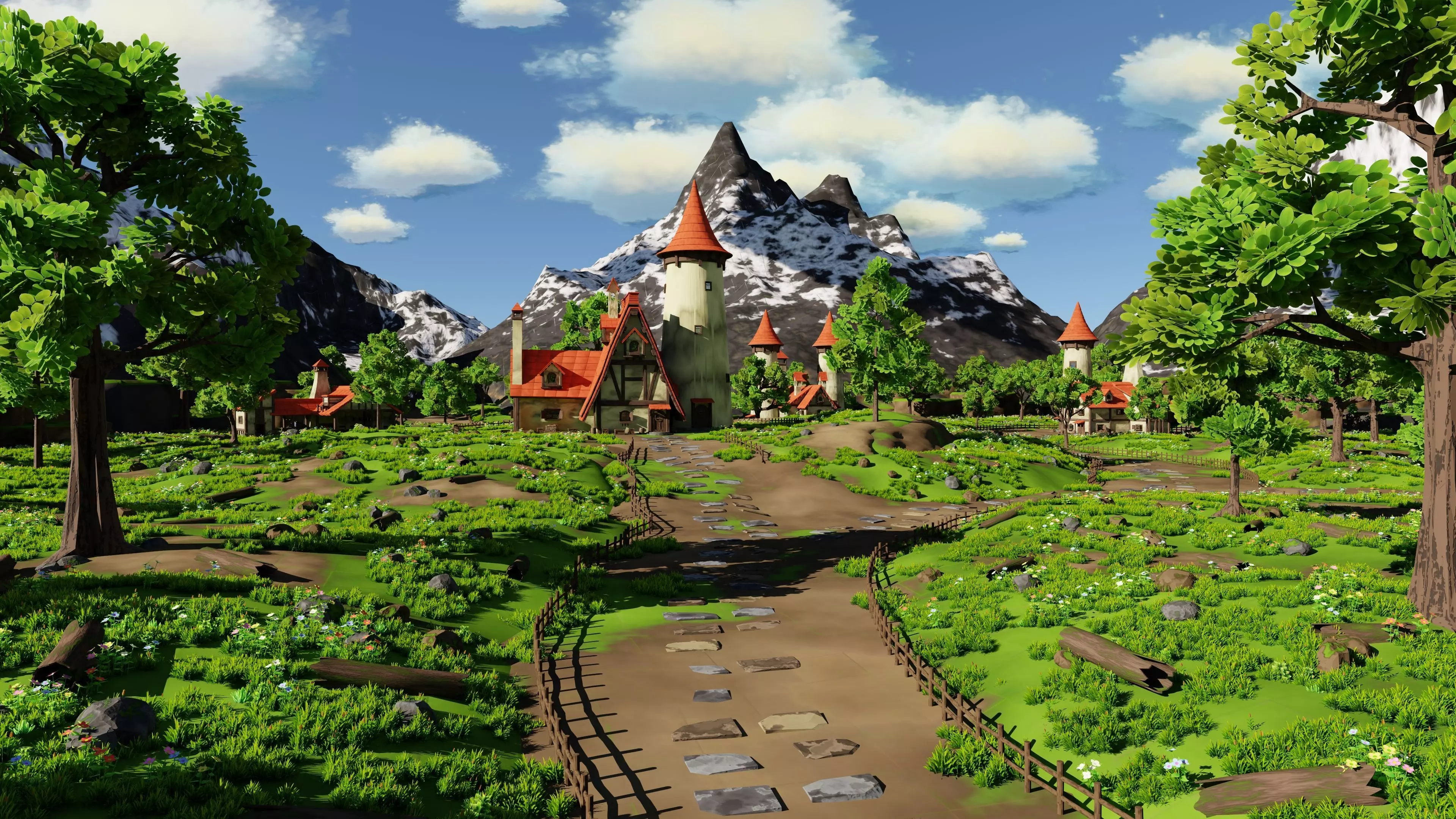 Fantasy Medieval Small Town Scene 3D model_0
