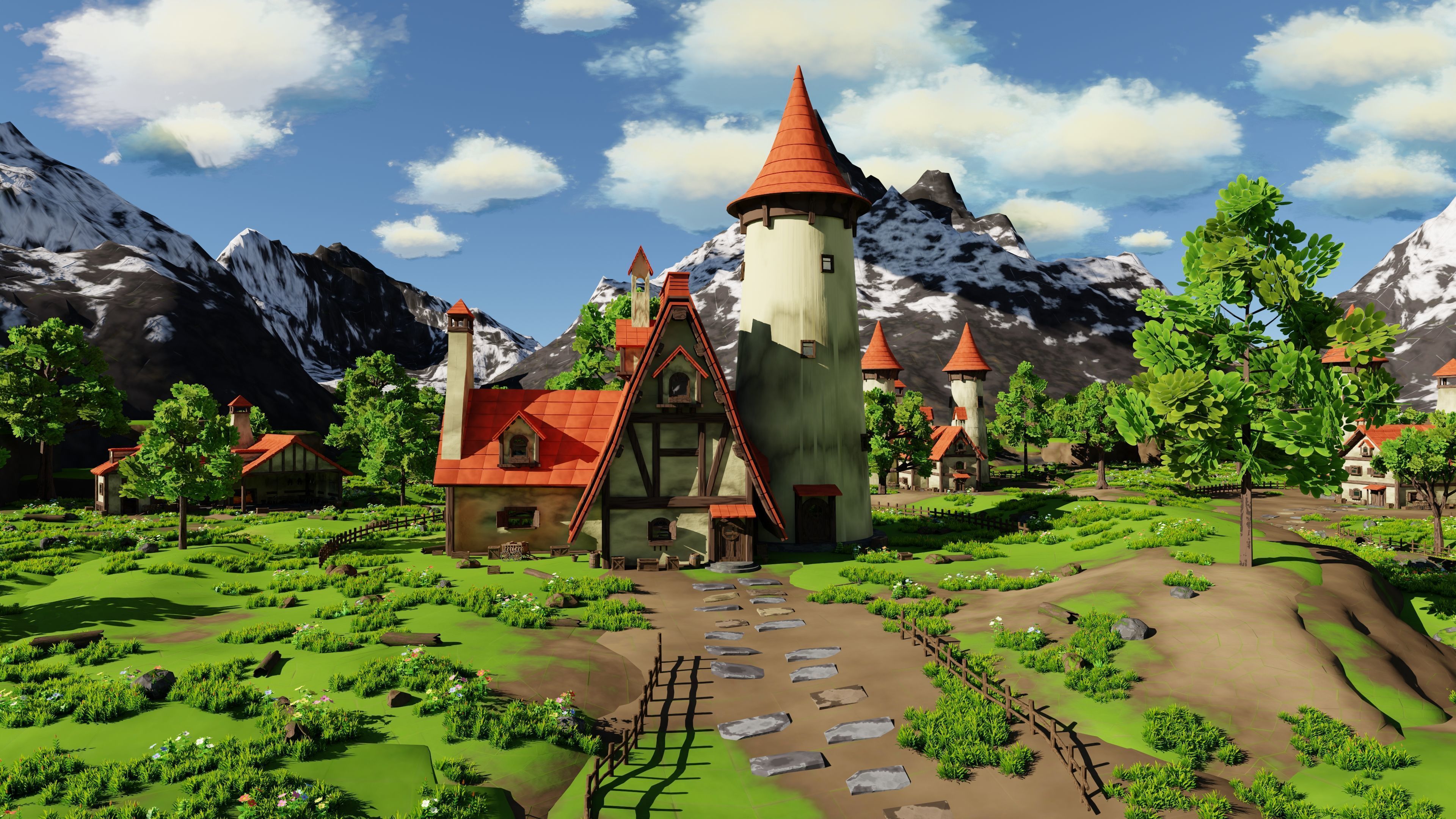 Fantasy Medieval Small Town Scene 3D model_4