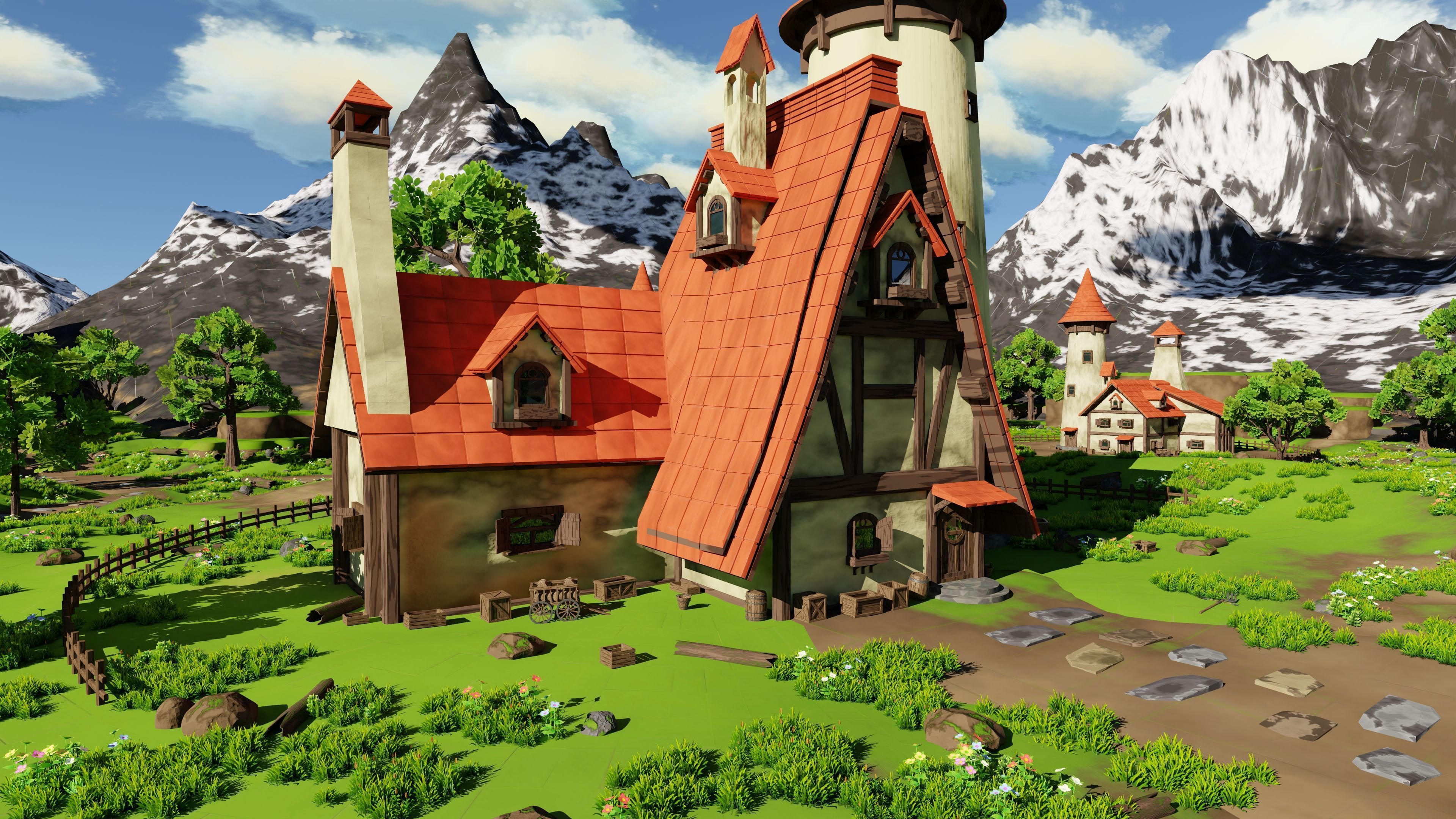 Fantasy Medieval Small Town Scene 3D model_18