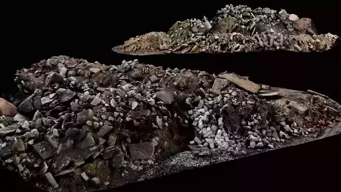 destroyed house ruins ground mixed debris pile scan