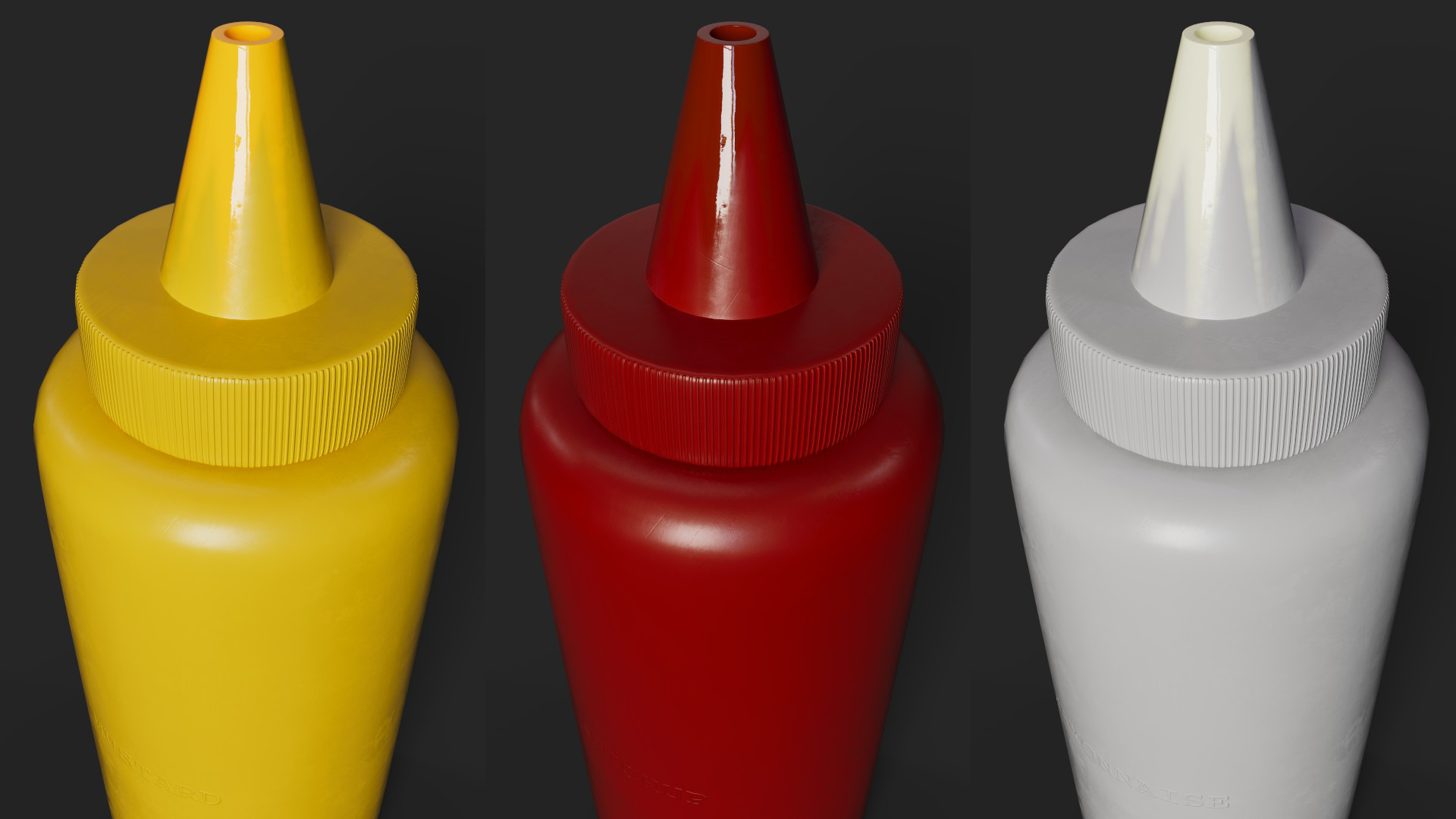 Ketchup - Mayonnaise and Mustard Condiment Bottles Low-poly 3D model_9
