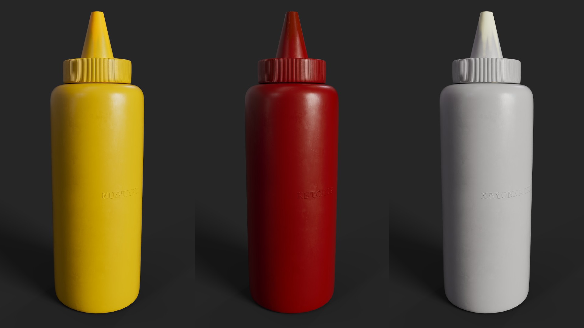 Ketchup - Mayonnaise and Mustard Condiment Bottles Low-poly 3D model_6
