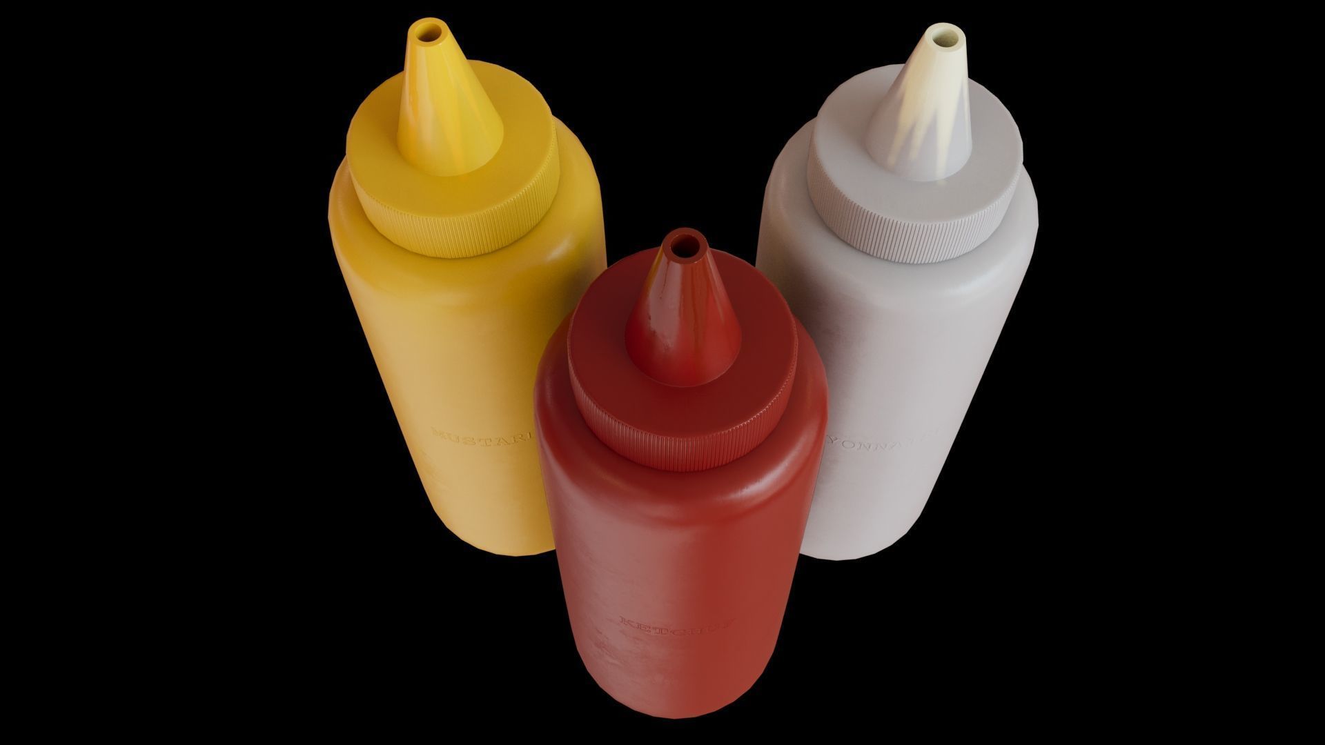 Ketchup - Mayonnaise and Mustard Condiment Bottles Low-poly 3D model_2